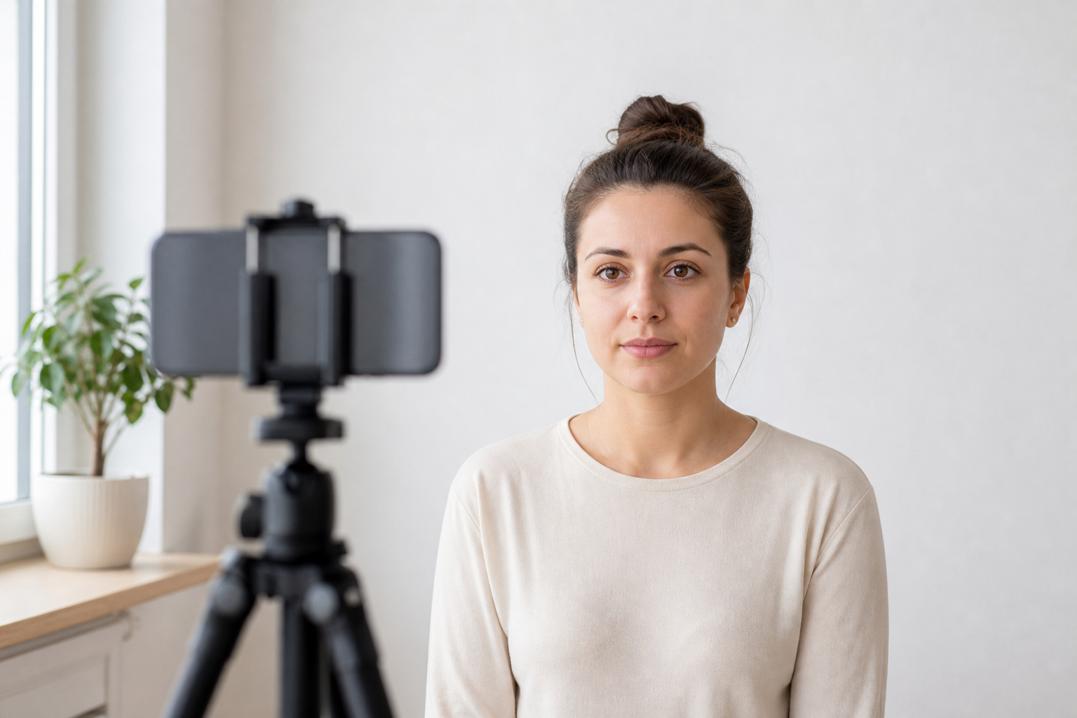 Illustrative home setup with a phone on a tripod and a plain background