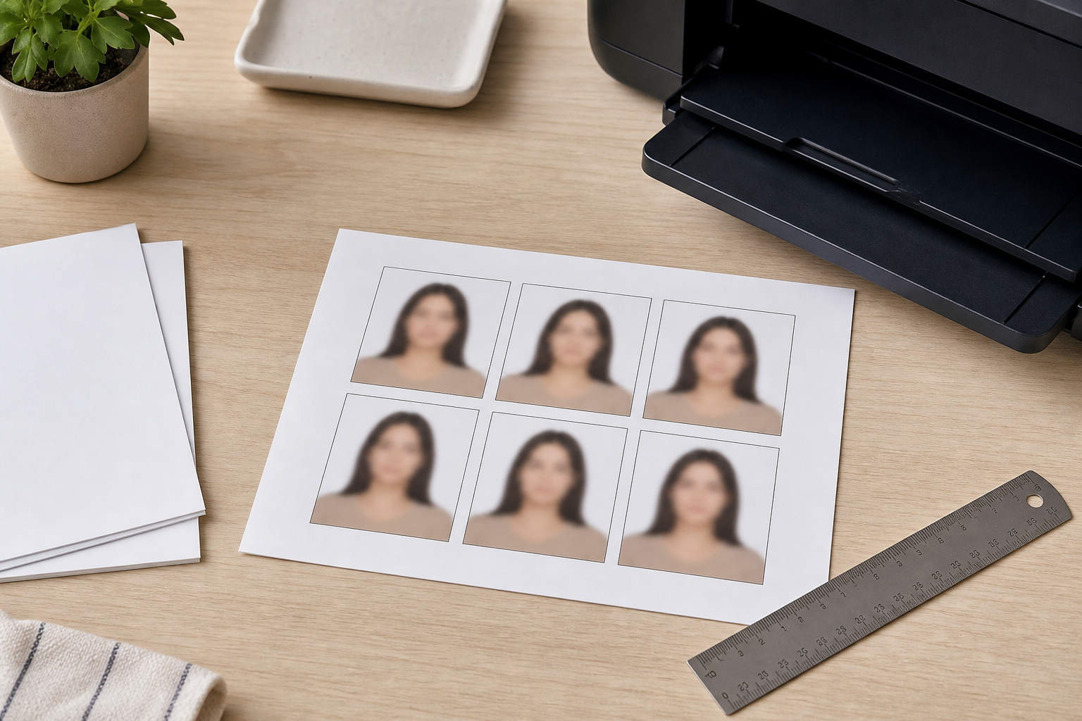 Illustrative photo printing workspace with a ruler and a 4x6 sheet