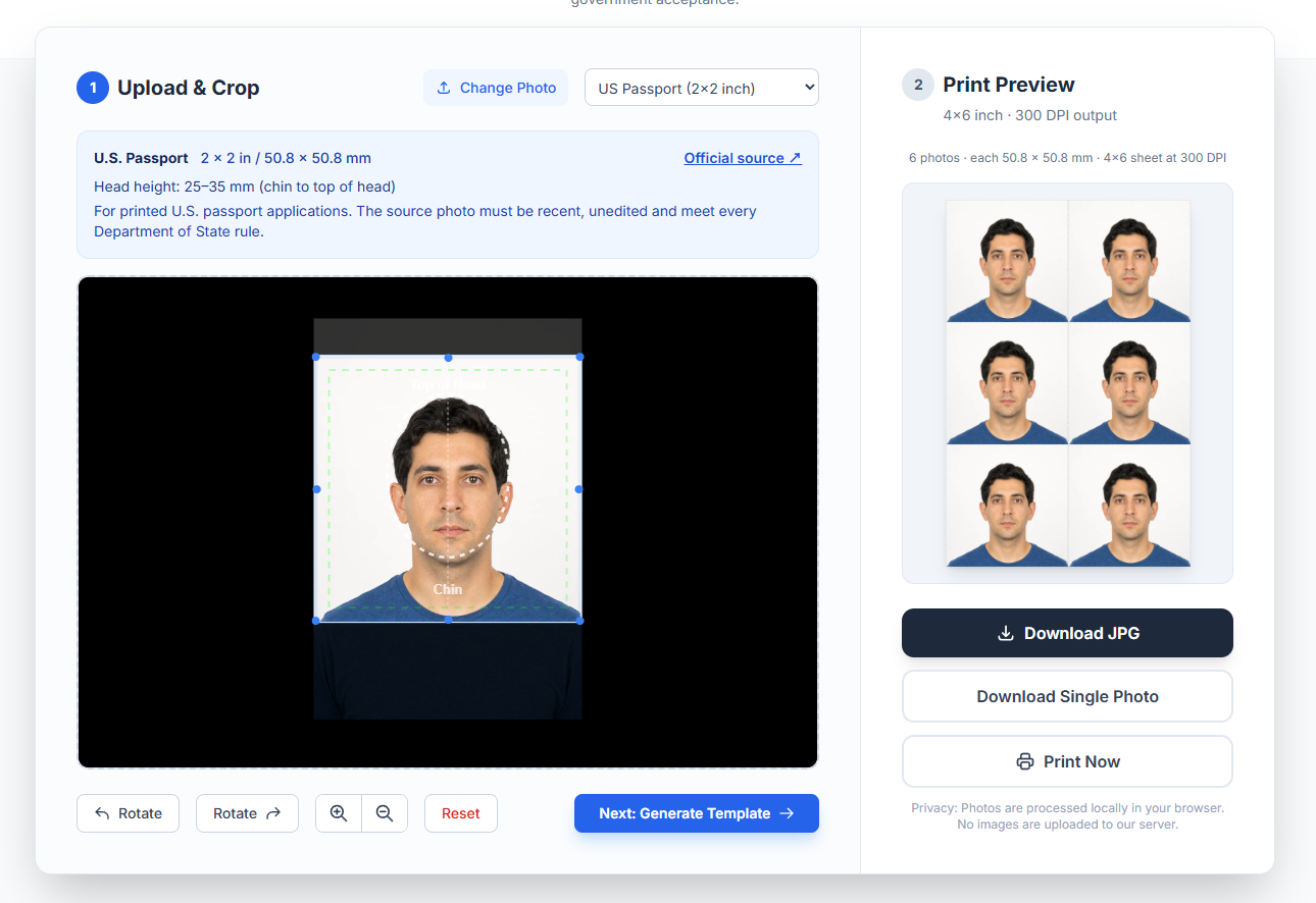 Working passport photo tool showing the synthetic demonstration image, crop guide and six-photo 4x6 preview